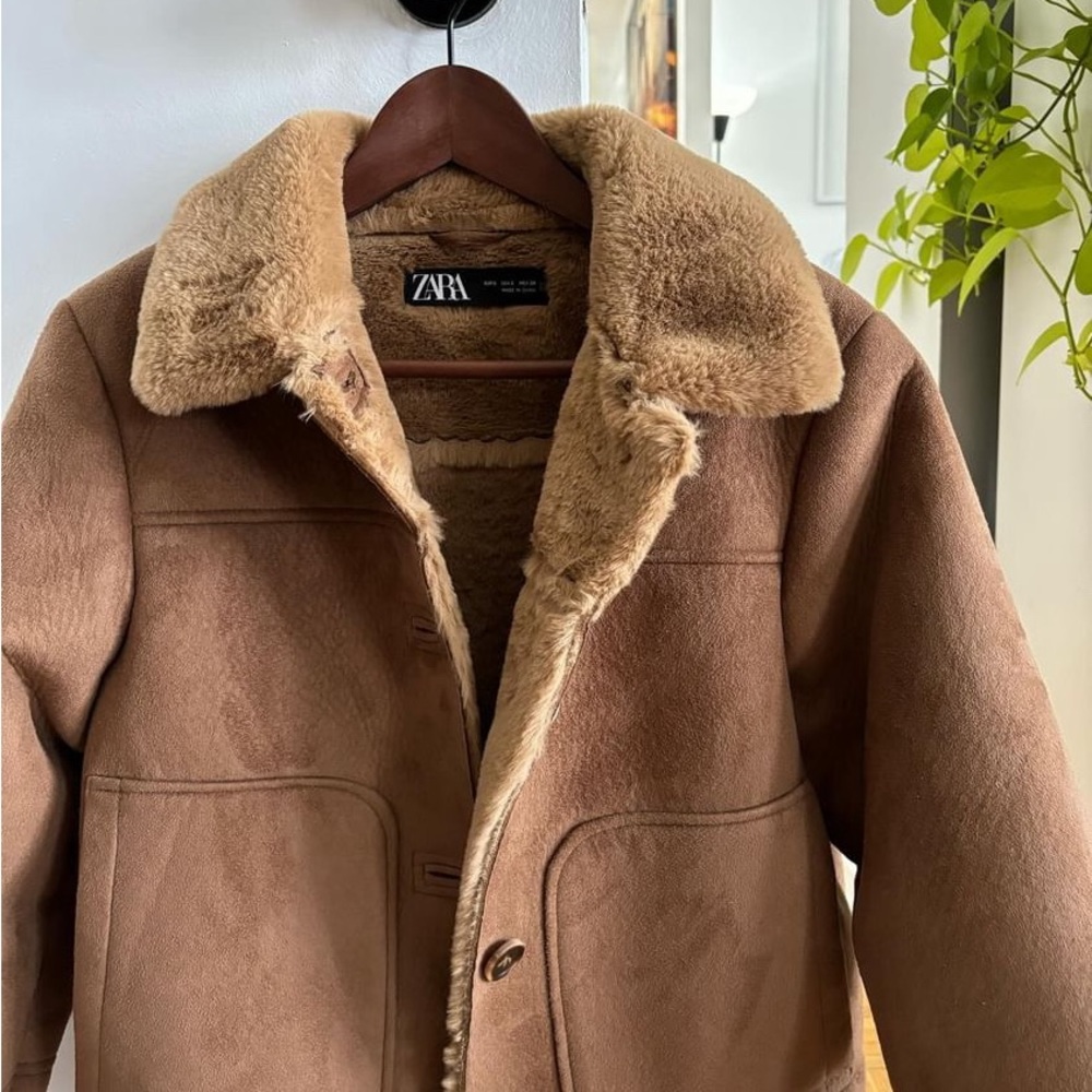 Zara Tan Shearling-Trim Button Jacket - Picture 3 of 9